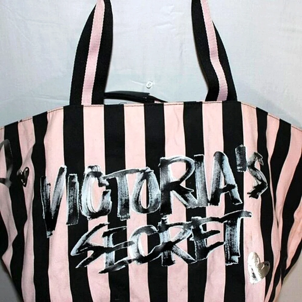 Victoria's Secret Pink & Black Striped Tote Bag – Zipper Top, Spacious & Chic
